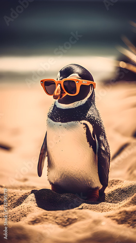 Humboldt penguin, black and white charmer of the cold seas, waddles on the beach, basking in the sun after a swim photo