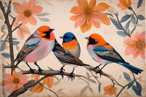 A Serene Encounter with Nature's Beauty in High-Definition - Two Small Birds Perched on Weathered Fabric. A Multilayered Mixed Media Tribute to Musical Academia, Marrying Light Orange and Gray Tones,  © Malik