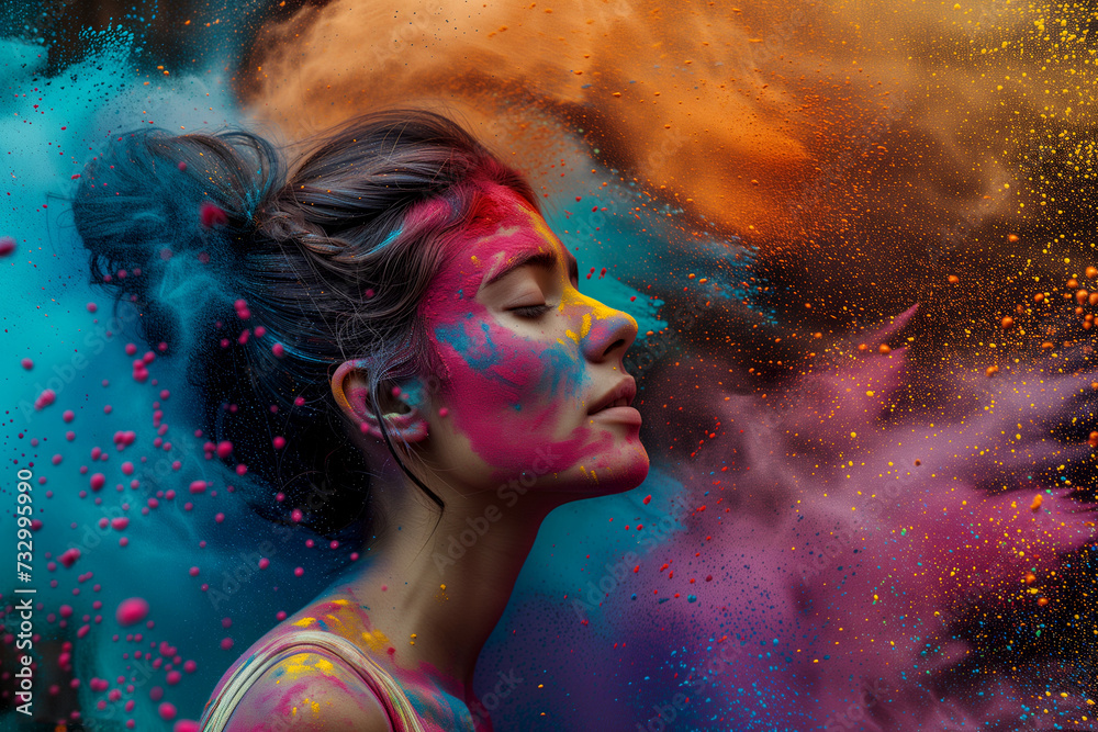 Poster for Indian Holi Festival. Portrait of a woman in the midst of a color powder explosion