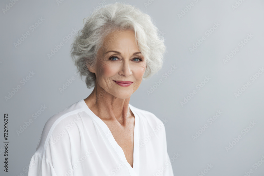 Elegant senior woman in white smiling confidently. Beauty and confidence.