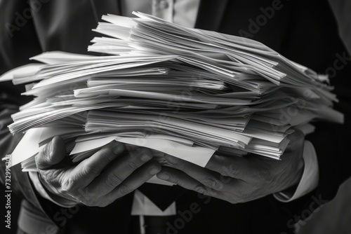 A businessman holding a pile of paper documents. photo