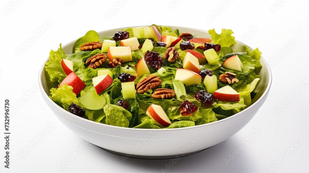 Healthy green salad with apple fruit and nuts isolated on white background