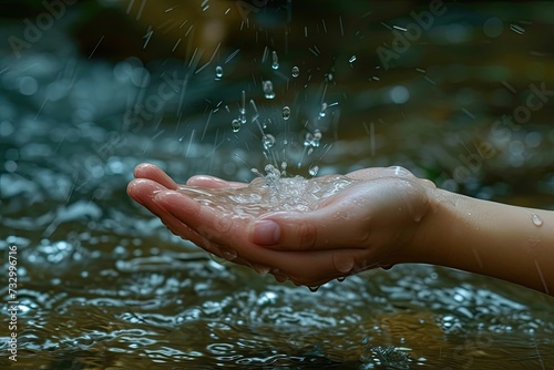 Hands with water splashes against a natural backdrop.