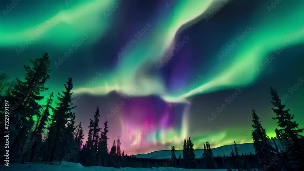 Forest lightning in the night sky with aurora borealis, stars, and clouds Forest lightning in the night sky with aurora borealis, stars, and clouds