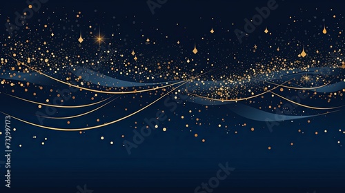 Magic night dark blue banner with sparkling glitter bokeh and line art. Horizontal line vector wedding backdrop. Gold confetti and navy background. Golden scattered dust.Fairytale magic star template © chanidapa