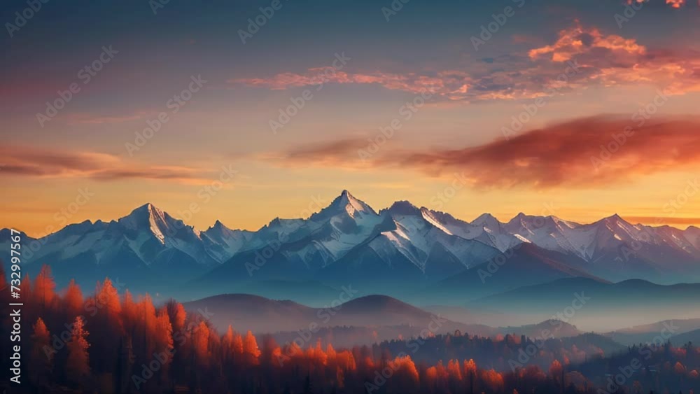 Mountain Sunrise with Misty Valleys, Snow-Capped Peaks, and a Glowing Sky Mountain Sunrise with Misty Valleys, Snow-Capped Peaks, and a Glowing Sky