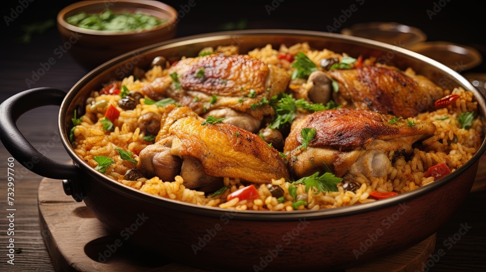 Puerto Rican dish asopao de pollo, a cross between soup and paella, is an easy, hearty one-dish meal featuring juicy chicken thighs, rice and seasonings closeup on the bowl on the table. Horizontal