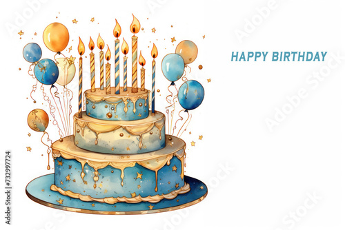 Cake with yellow sparklers, balloons. Holiday card banner. Happy birthday