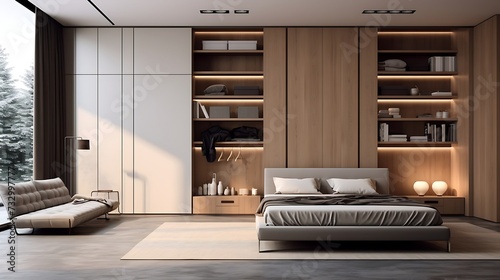 A bedroom with a wall-mounted bed that conceals within a built-in wardrobe photo