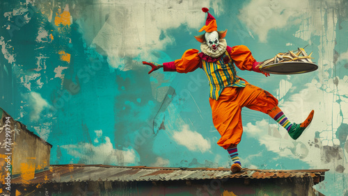 Clown walks along the edge of the roof. Vintage surreal art collage. Party banner
