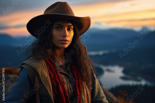Confident woman in hat enjoying sunset over mountains. Travel and adventure.