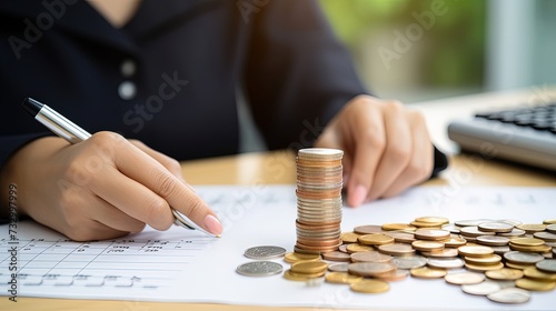 Saving money wealth concept, asian young business woman hand write management budget for saving cost, cash finance planning to spend enough money on her income for save money, payment tax, investing