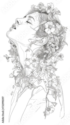 Line Drawing of a Woman Covered with Flowers on a White Background