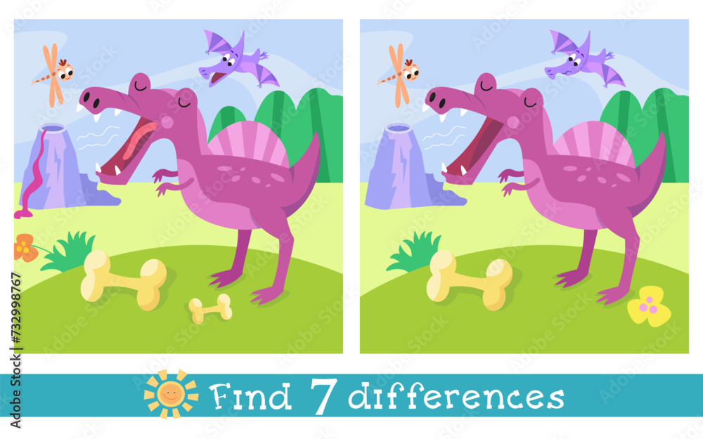 Cute cartoon dinosaur. Flat stylised isolated simple illustration. Find 7 differences. Educational puzzle game for children. Vector graphics. Cute cartoon dinosaur. Flat stylised isolated simple illustration. Find 7 differences. Educational puzzle game for children. Vector graphics.