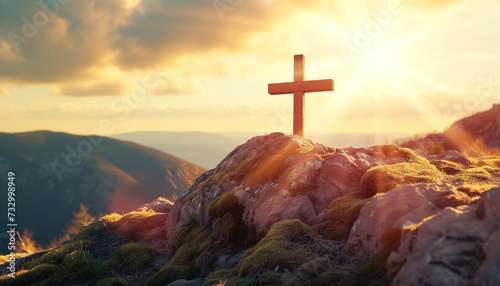 A wooden cross on a rock, the sun shines on the cross, Easter Celebration 