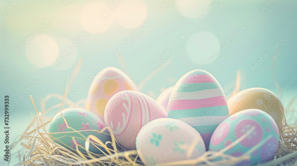 Pastel Decorated Easter Eggs on Hay with Soft Blue Background and Copy Space Pastel Decorated Easter Eggs on Hay with Soft Blue Background and Copy Space