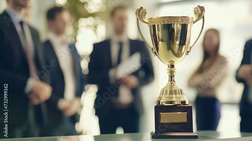 Golden Trophy Cup in Focus with Blurred Background of Business People photo