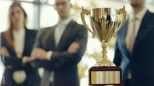 Golden Trophy Cup in Focus with Blurred Background of Business People