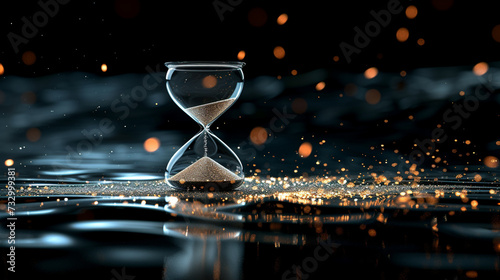 Elegant hourglass, clear and shining, cascading sands on a captivating dark backdrop—time's beauty in transparent brilliance. photo