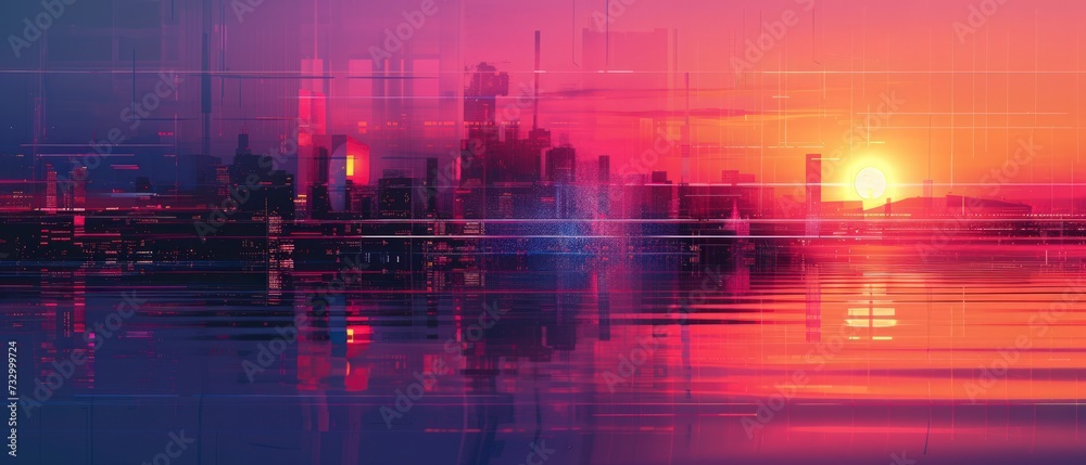 a cityscape at twilight, Infuse the style with colorful compositions, net art aesthetics, lens flares, linear movements