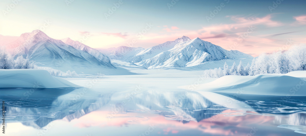 Tranquil winter panorama with a glassy frozen lake, snow-covered mountains under a soft dawn sky, reflecting the serene beauty of a polar landscape Tranquil winter panorama with a glassy frozen lake, snow-covered mountains under a soft dawn sky, reflecting the serene beauty of a polar landscape