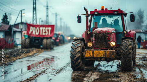 Rugged tractor with a 'PROTEST' sign on muddy rural road during a demonstration, symbolizing agricultural activism and the plight of farmers photo