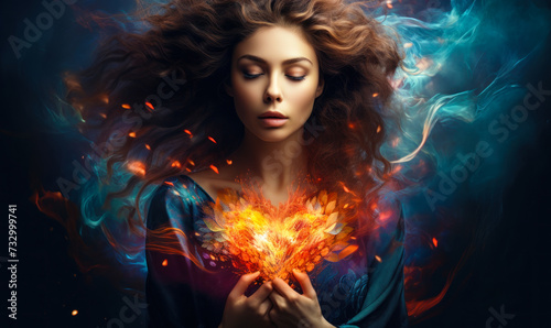 Mystical Portrait of a Woman Embracing a Vibrant Heart-shaped Nebula, Symbolizing Love, Emotion, and the Cosmic Connection of the Soul © Bartek