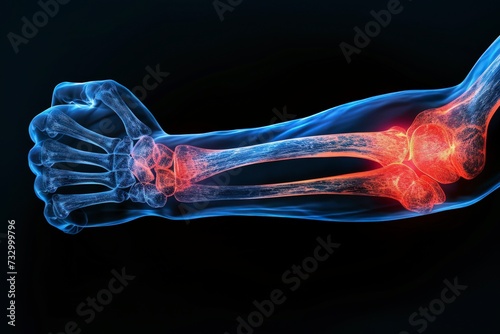 an x-ray of a painful elbow on black background photo