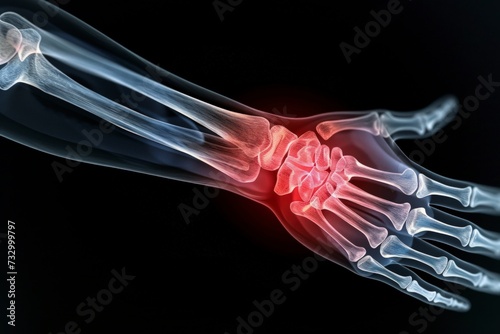 an x-ray of a painful hand on black background  photo