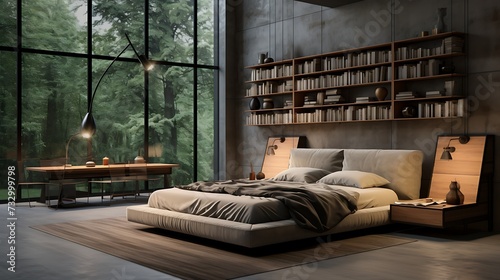 A bedroom with a low-profile bed and a floor-to-ceiling bookshelf as a headboard
