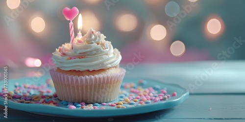 A Birthday Cupcake Decorated with Lit Candles Resting on a Blue Plate, Captured in Bokeh Panorama Style