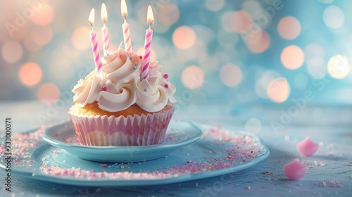 A Birthday Cupcake Decorated with Lit Candles Resting on a Blue Plate  Captured in Bokeh Panorama Style