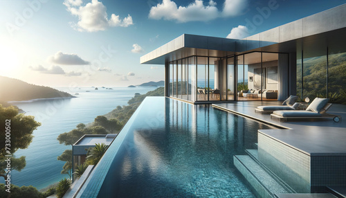 Luxurious Beachfront Villa with Infinity Pool Overlooking the Ocean Summer Vacation Background © Marinesea