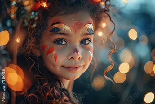 little girl with party face painting. party face art. against blurred background, balloons, garland