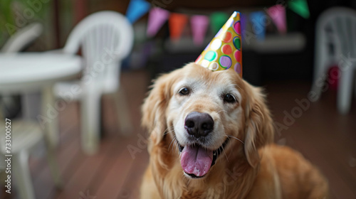 happy birthday dog. Happy cute dog wearing a party hat celebrating at a birthday party AI Generative