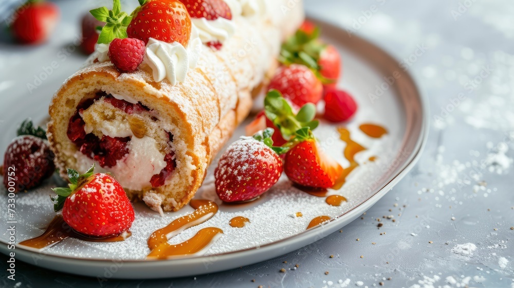 Delicious Cake Roll with Strawberries and Cream on White Table, Close-Up, with Syrup, Food Photography on a Light Background Delicious Cake Roll with Strawberries and Cream on White Table, Close-Up, with Syrup, Food Photography on a Light Background