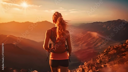 Sport woman trails running to the top of the mountains and looking beautiful nature scene. 4k Video footage photo