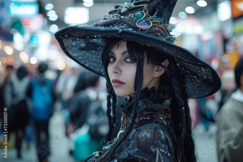 Enigmatic Witch Cosplayer at a Convention
A cosplayer dressed as a witch with an intricate hat and costume stands out in a crowded convention center, showcasing her elaborate attire.
 photo