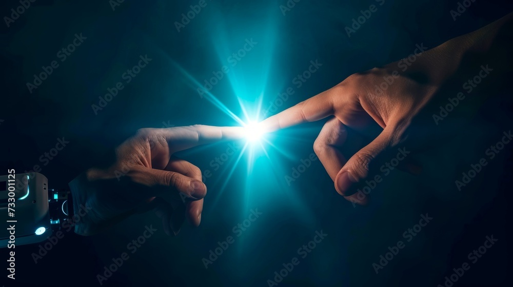 Cyborg finger about to touch human finger with light effect on dark background - obrazy, fototapety, plakaty 