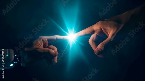 Cyborg finger about to touch human finger with light effect on dark background photo
