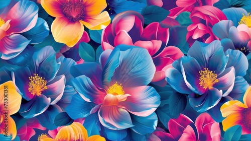 Seamless 3D Floral Design with Vivid Vibrant Blue, Vibrant Yellow, and Vibrant Pink Colors