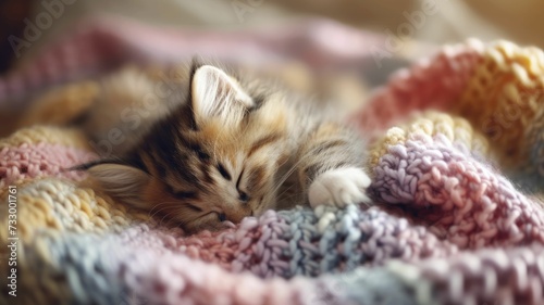 A Fluffy Kitten's Nap: On a Crochet Blanket in Sorbet Spring Colors