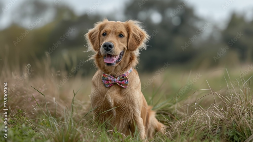 Meadow Play: Golden Retriever Puppy with Sorbet Spring Bow Tie
