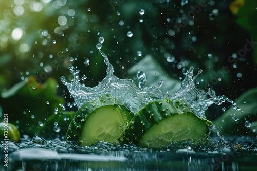 Cucumber In Water Surreal And Forming A Splash Falling Into The Water Realistic Scene