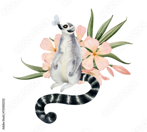 Adorable lemur with blue butterfly on its nose with tropical pastel peach pink oleander flowers watercolor illustration isolated on white background. Hand drawn cute animal with long tail