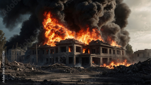 Destroyed burning houses in the city from bombs or missile attacks.