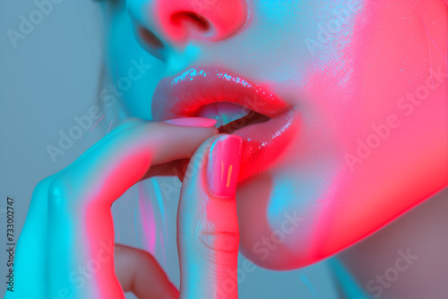 Close-up of female lips in neon light. Woman with red nail polish.