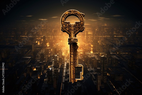 a large key in a city photo