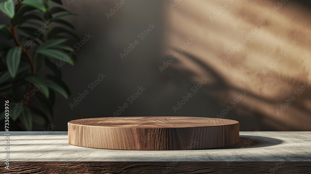 A dark brown wooden podium on brown room with tree background. Represent minimal, old money and quiet luxury. Geometry exhibition stage mockup concept
