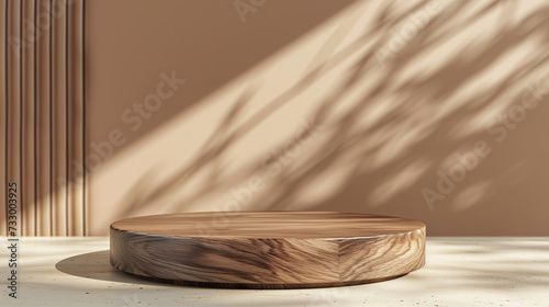 A light brown wooden round podium on soft brown background. Represent minimal, old money and quiet luxury. Geometry exhibition stage mockup concept. 3D rendering design